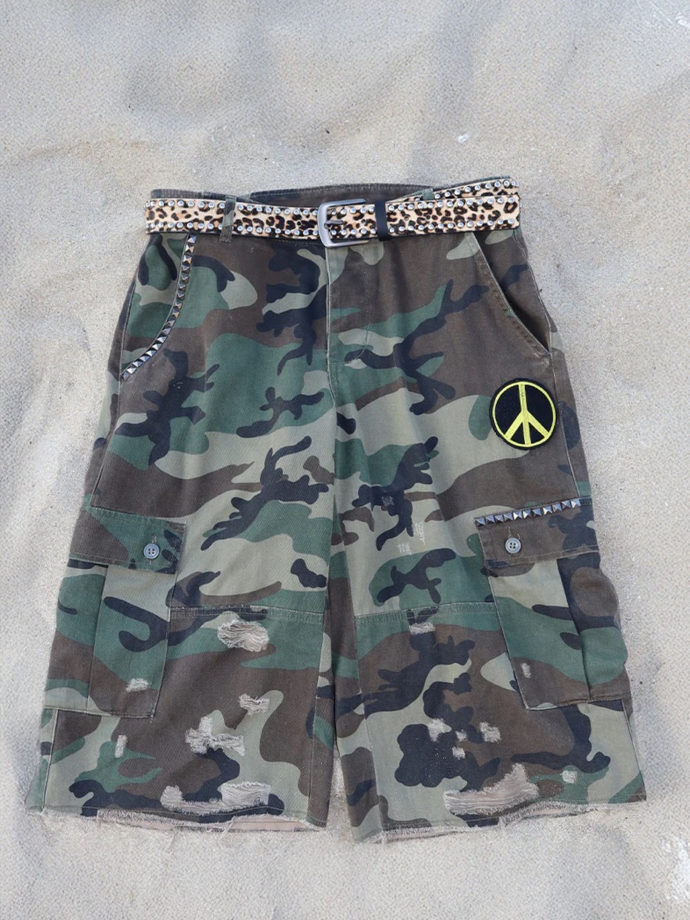 Camouflage Cargo Bottoms cut offs with Peace Patch - Green